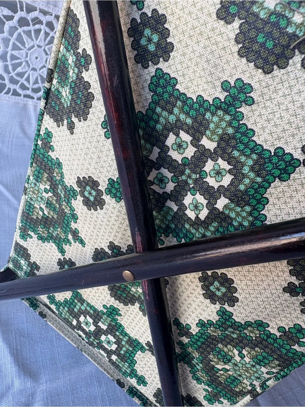 Vintage Retro MCM Medallion Tapestry Folding Yarn Caddy Knitting Crochet Basket